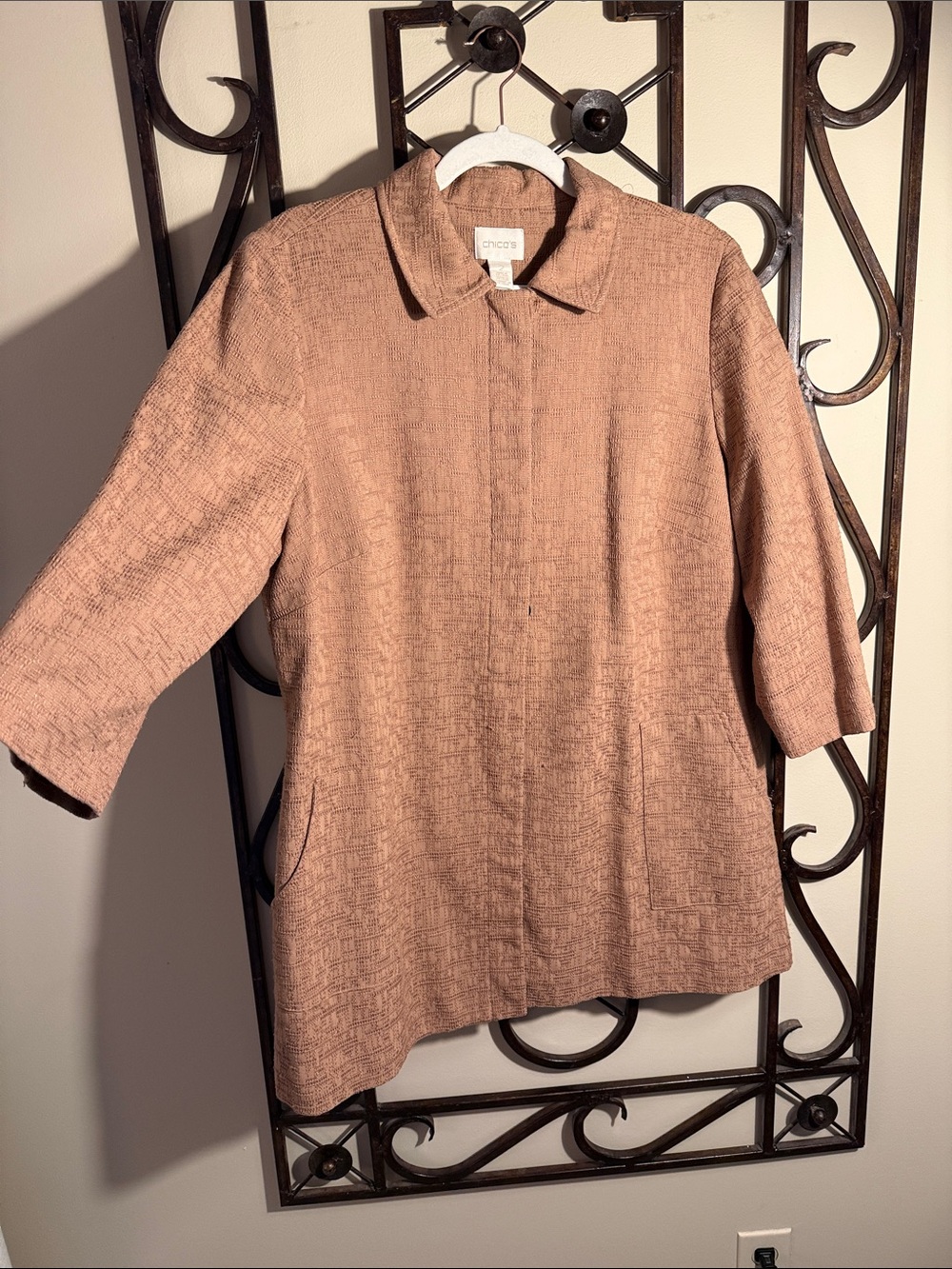 Chico's Textured Tan Three-Quarter Sleeve Blazer